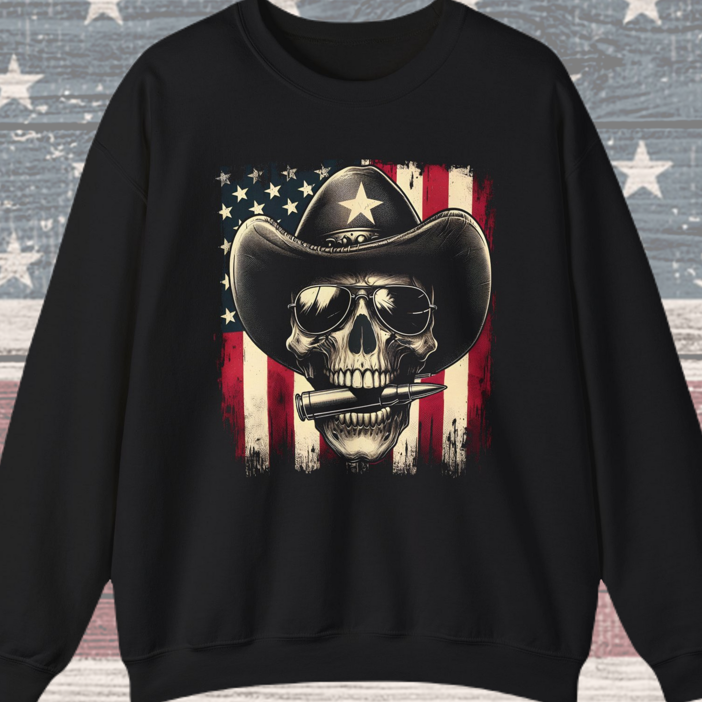 Cowboy Skeleton Biting Bullet Sweatshirt