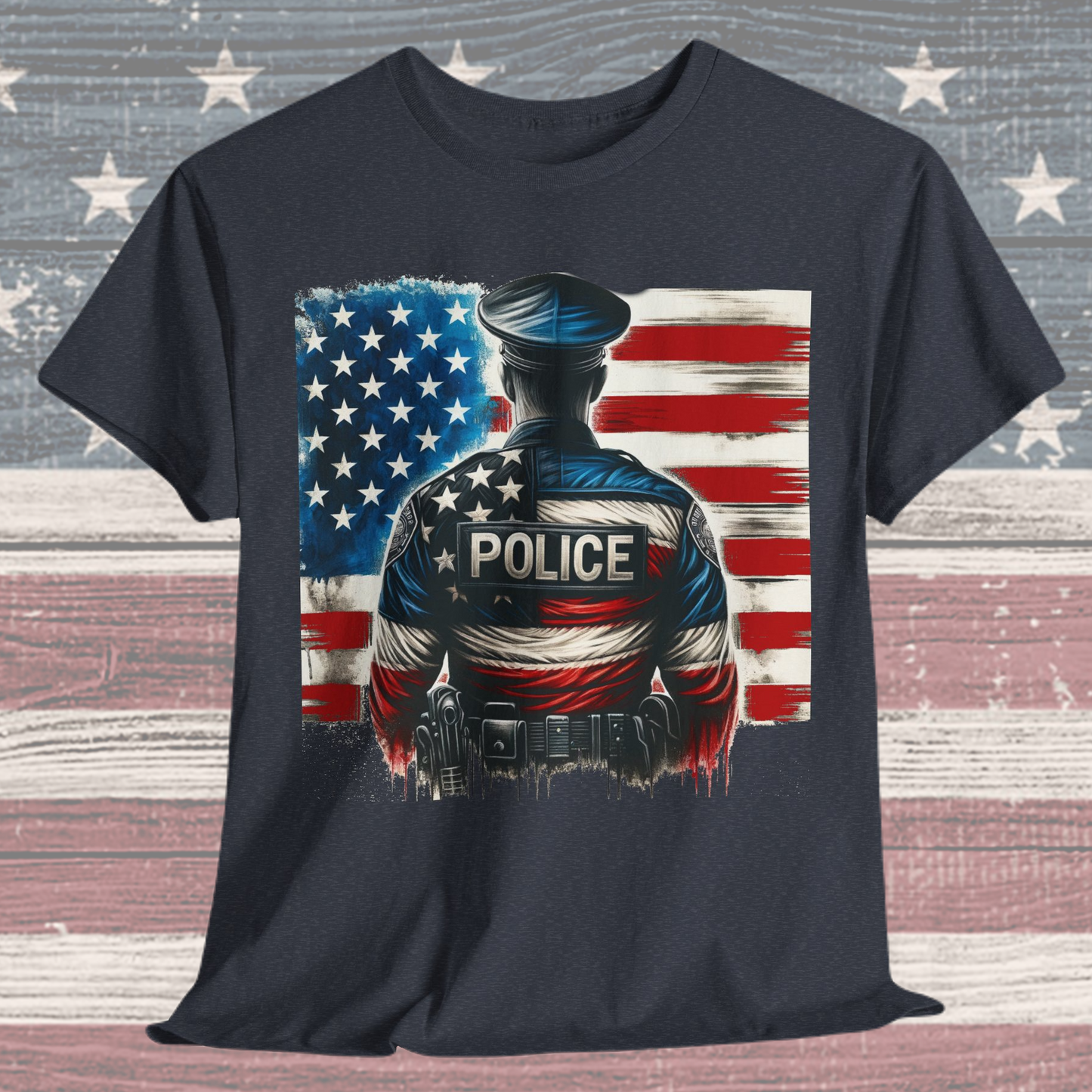 American Hero - Police Officer with Flag - Law Enforcement T-Shirt
