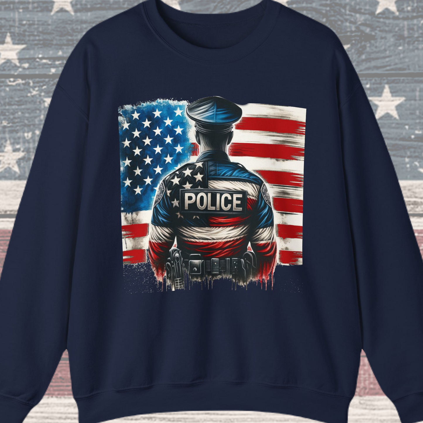 American Hero - Police Officer with Flag - Law Enforcement Sweatshirt