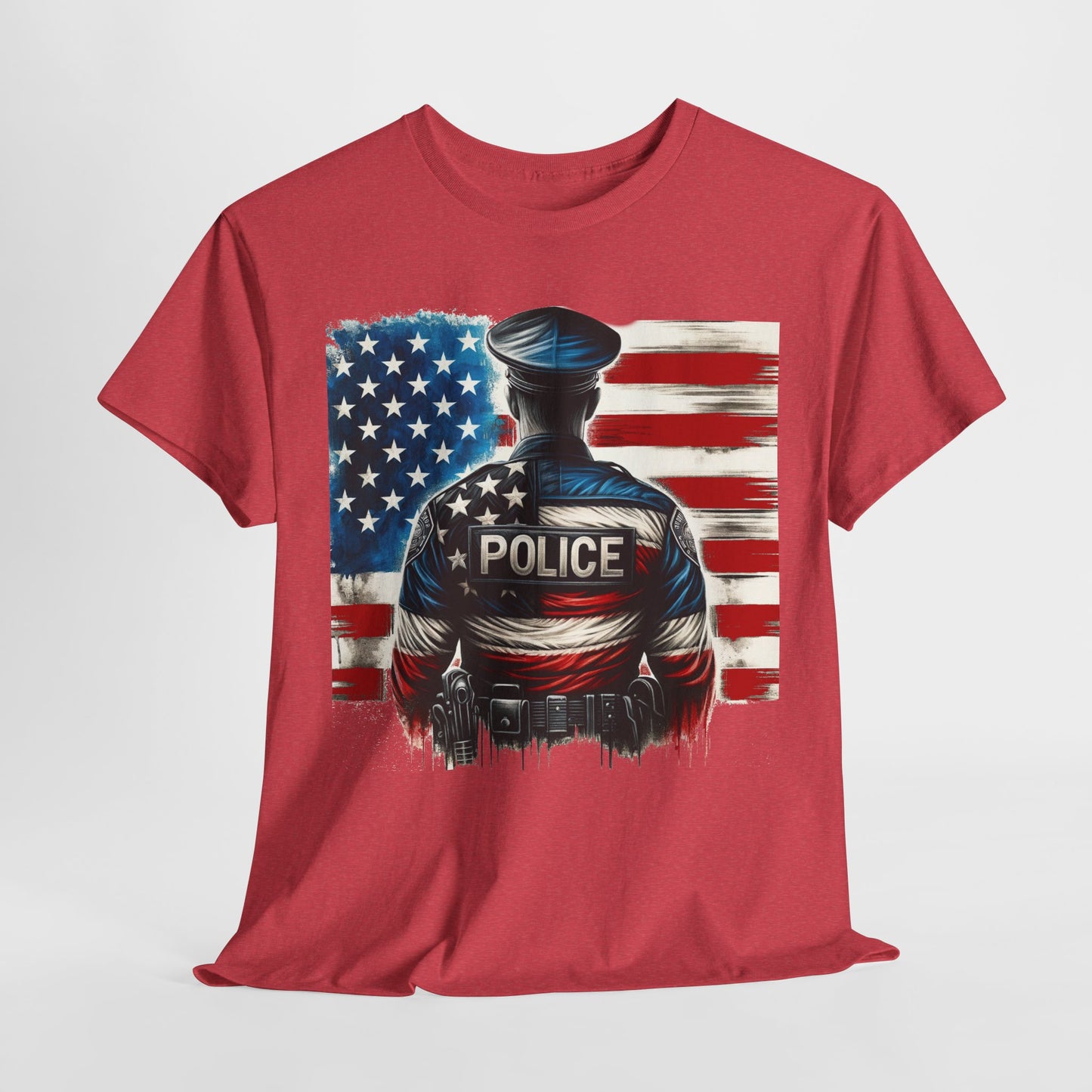 American Hero - Police Officer with Flag - Law Enforcement T-Shirt