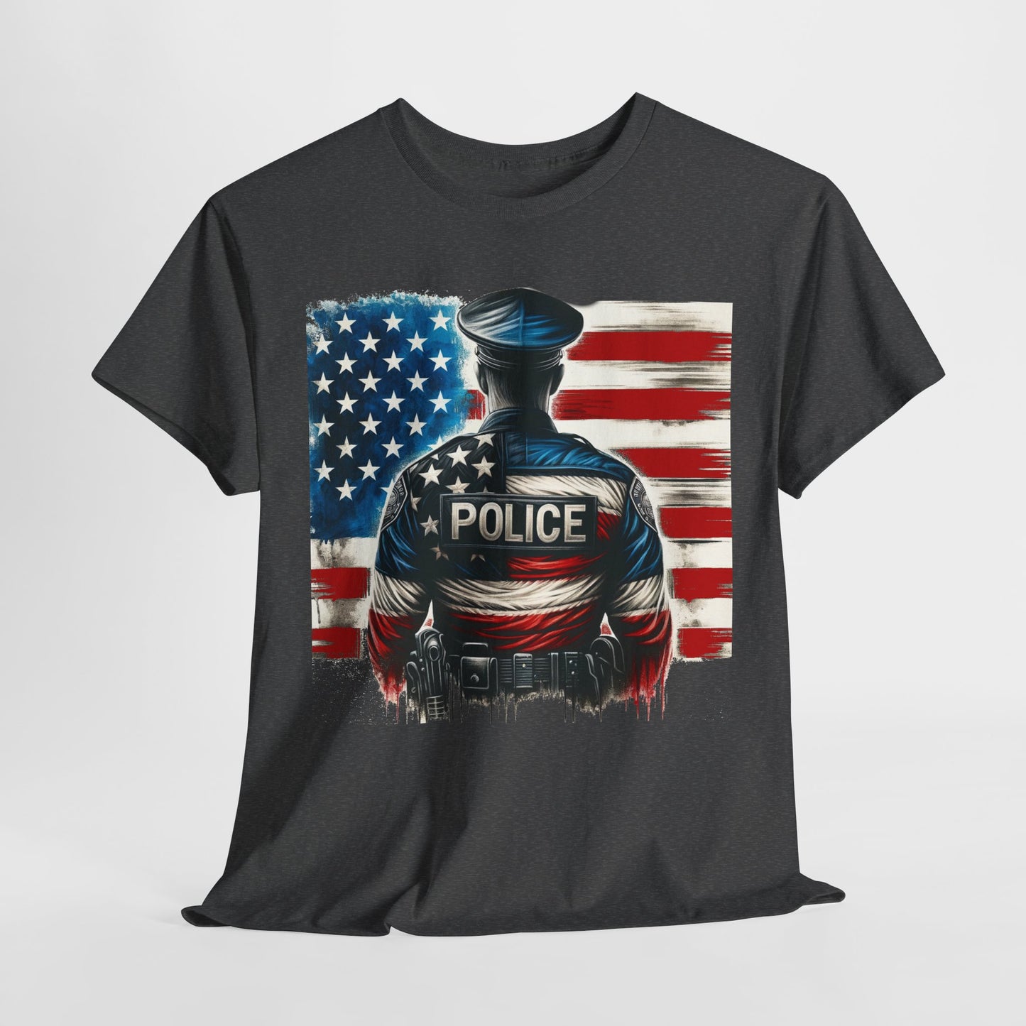 American Hero - Police Officer with Flag - Law Enforcement T-Shirt