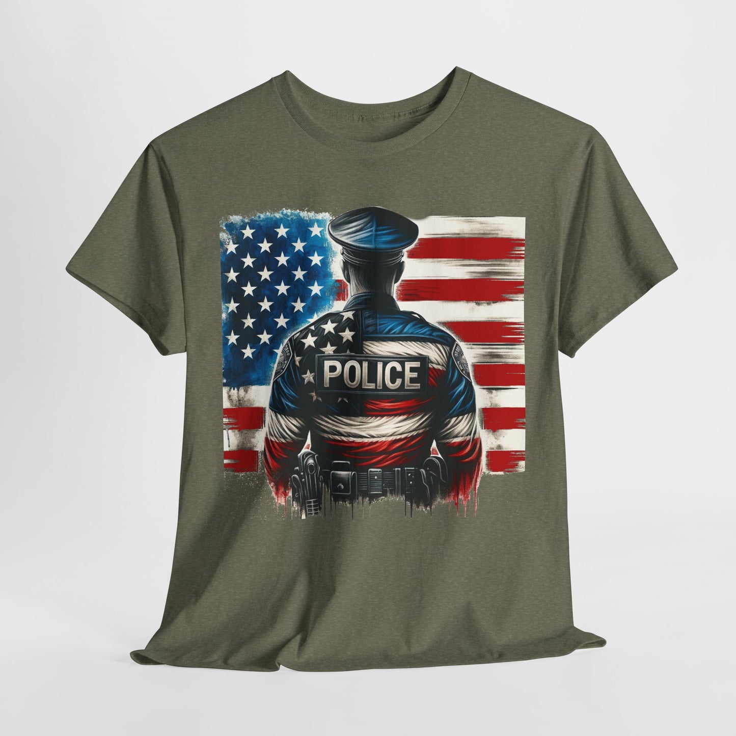 American Hero - Police Officer with Flag - Law Enforcement T-Shirt