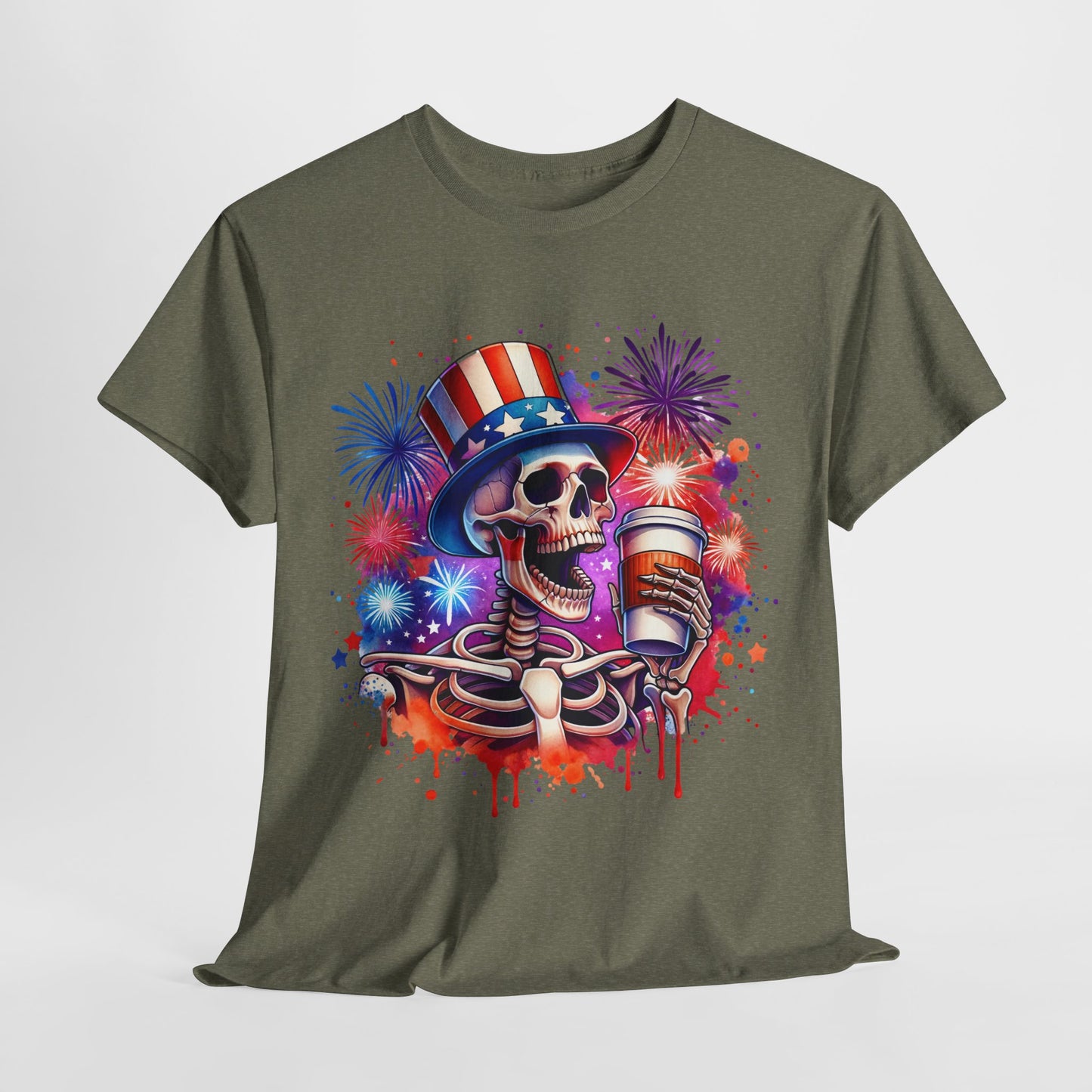 4th of July - Skeleton with Coffee T-Shirt