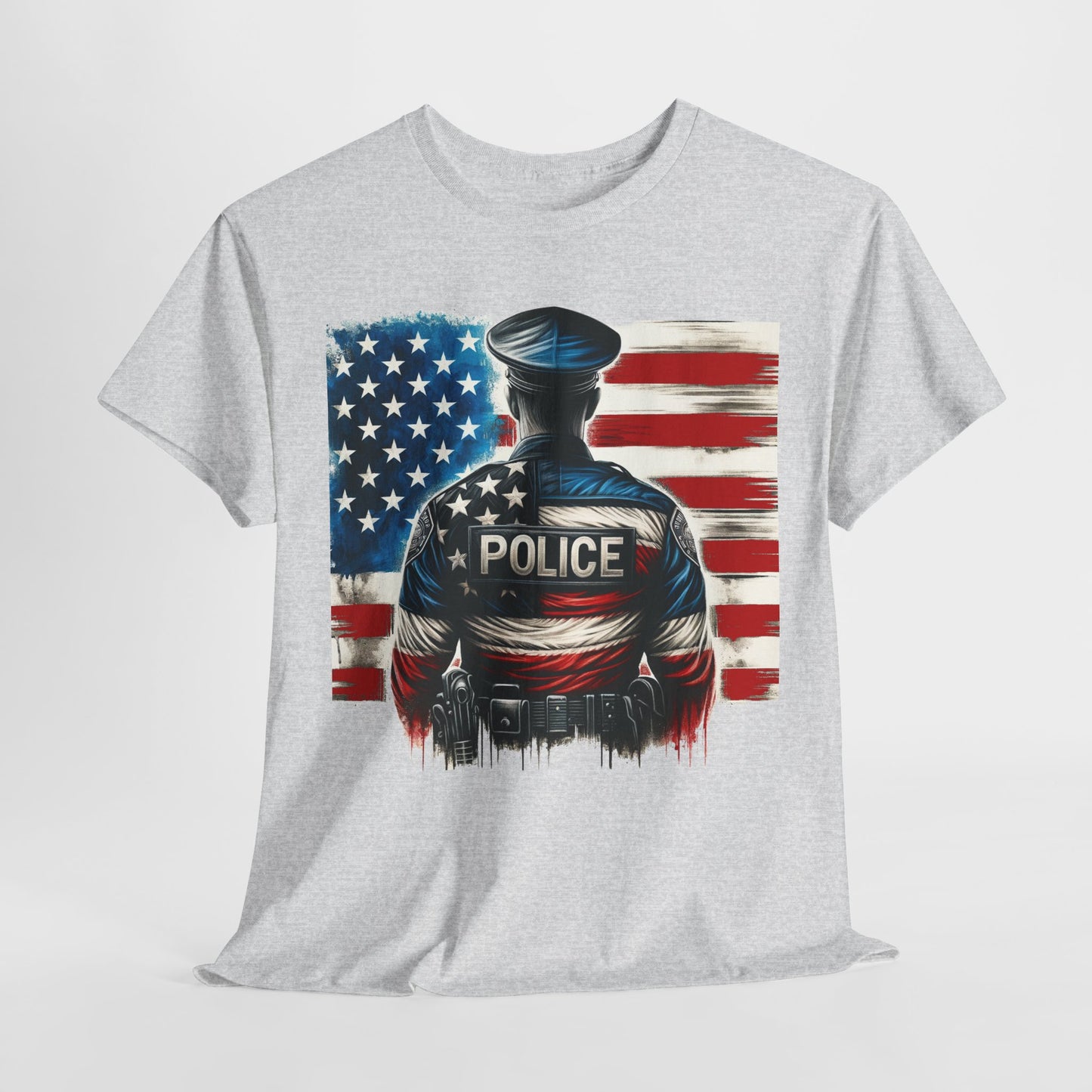 American Hero - Police Officer with Flag - Law Enforcement T-Shirt