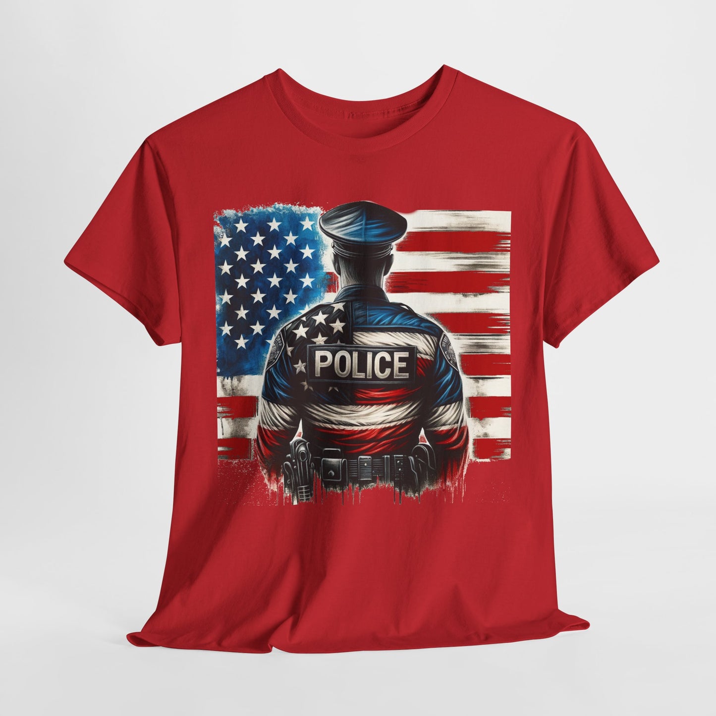 American Hero - Police Officer with Flag - Law Enforcement T-Shirt