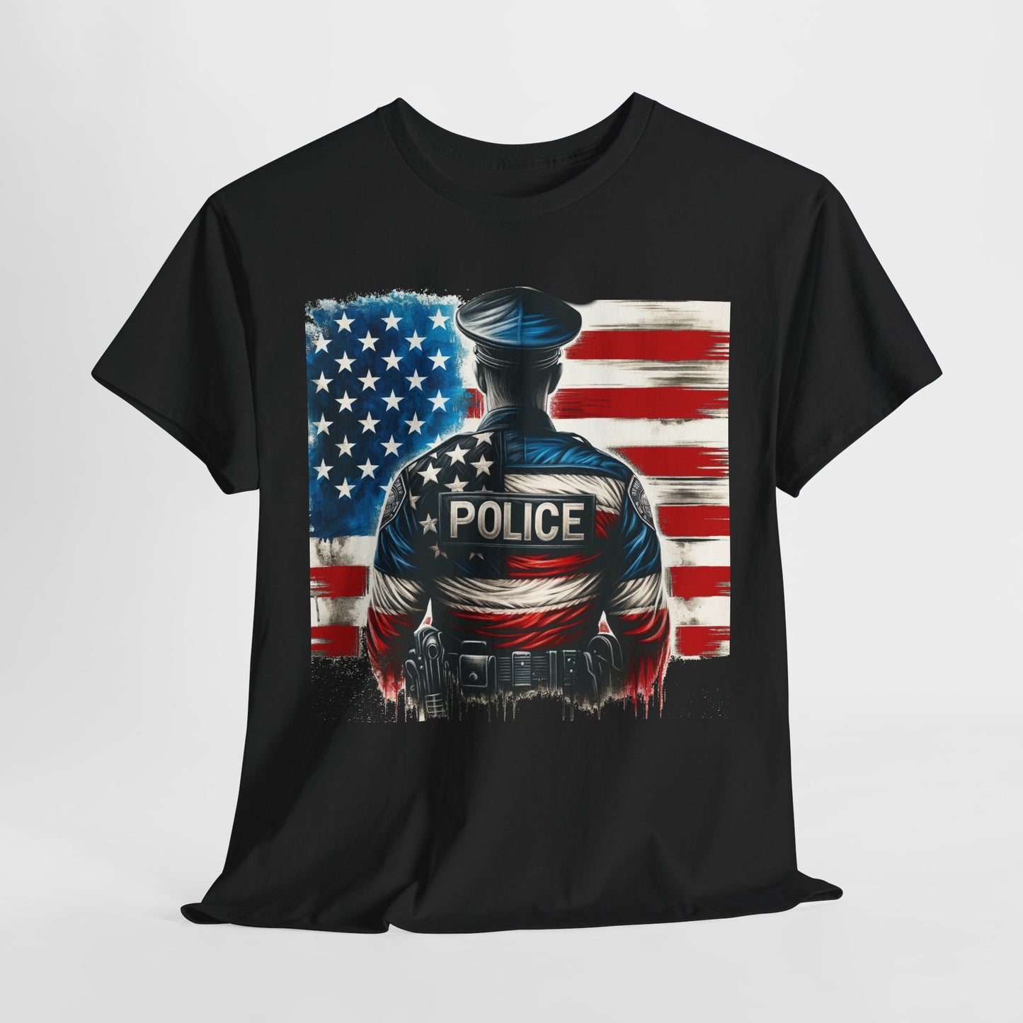 American Hero - Police Officer with Flag - Law Enforcement T-Shirt