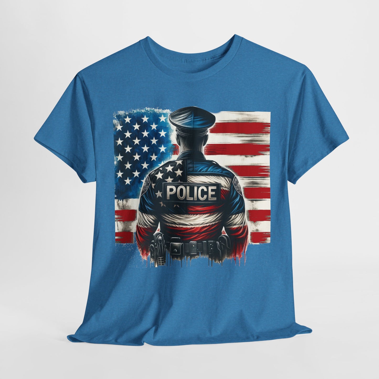 American Hero - Police Officer with Flag - Law Enforcement T-Shirt