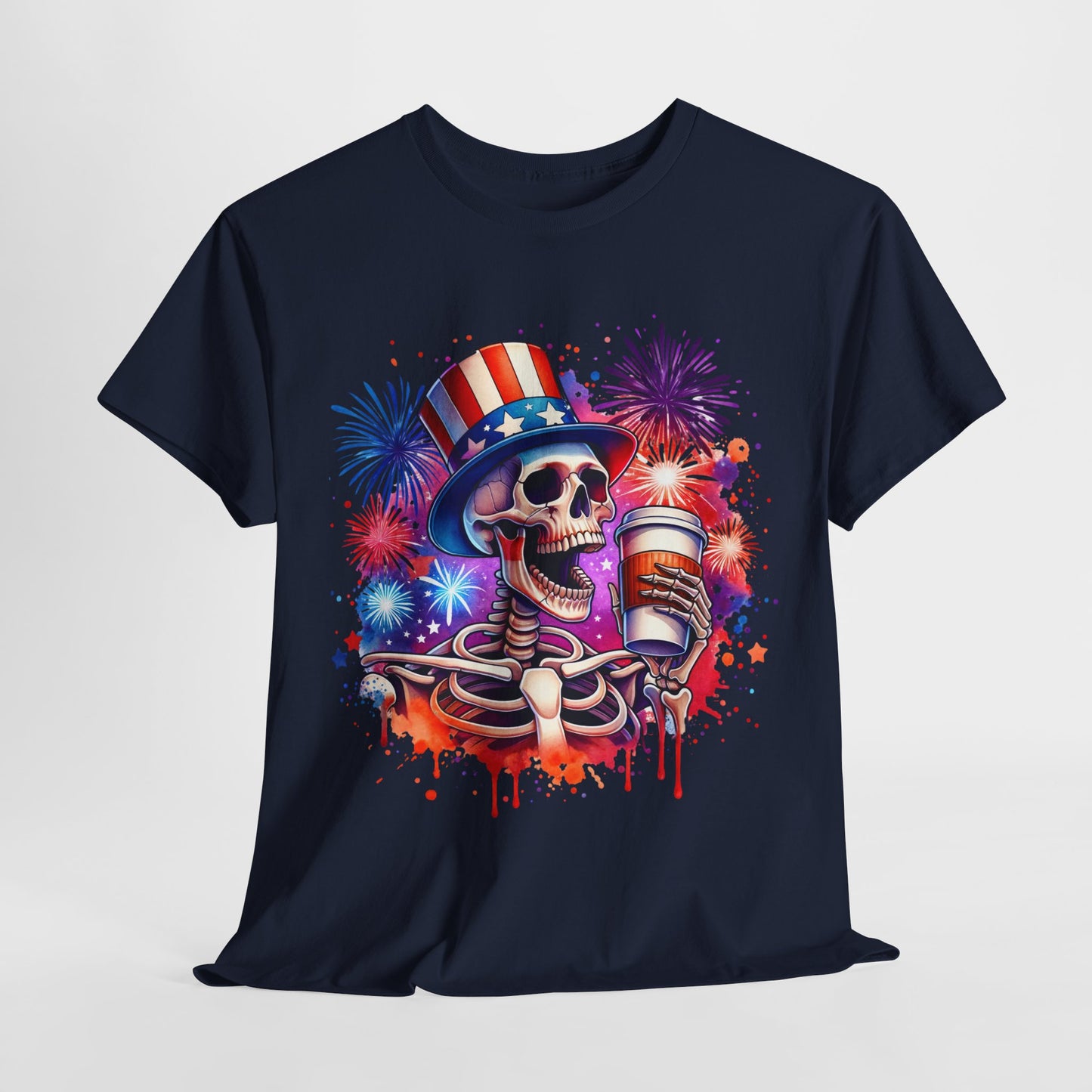 4th of July - Skeleton with Coffee T-Shirt