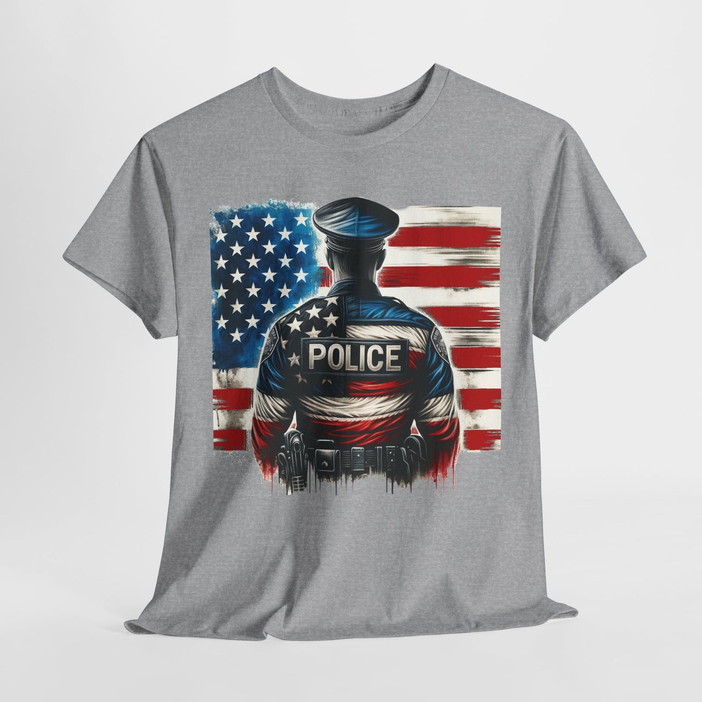American Hero - Police Officer with Flag - Law Enforcement T-Shirt