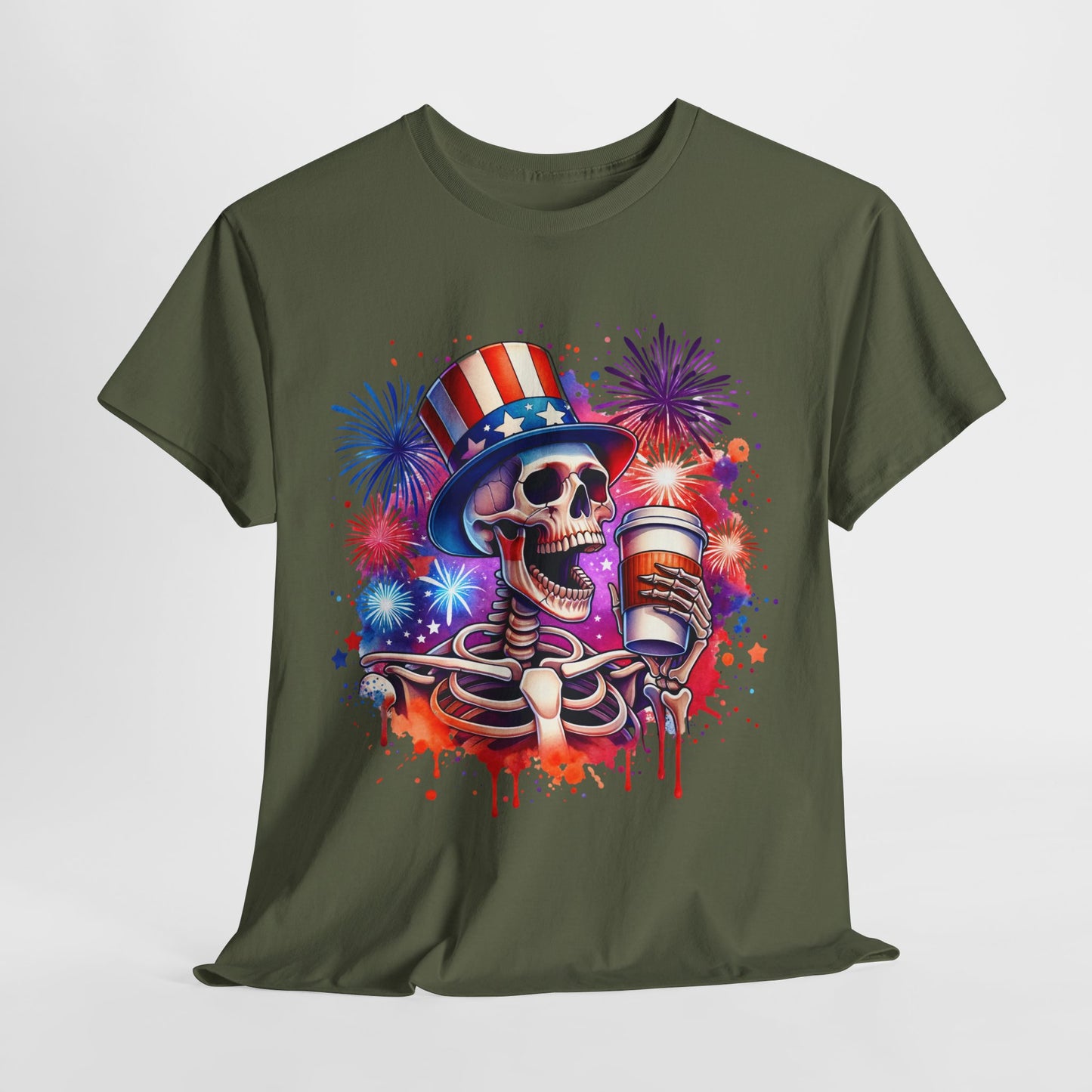 4th of July - Skeleton with Coffee T-Shirt