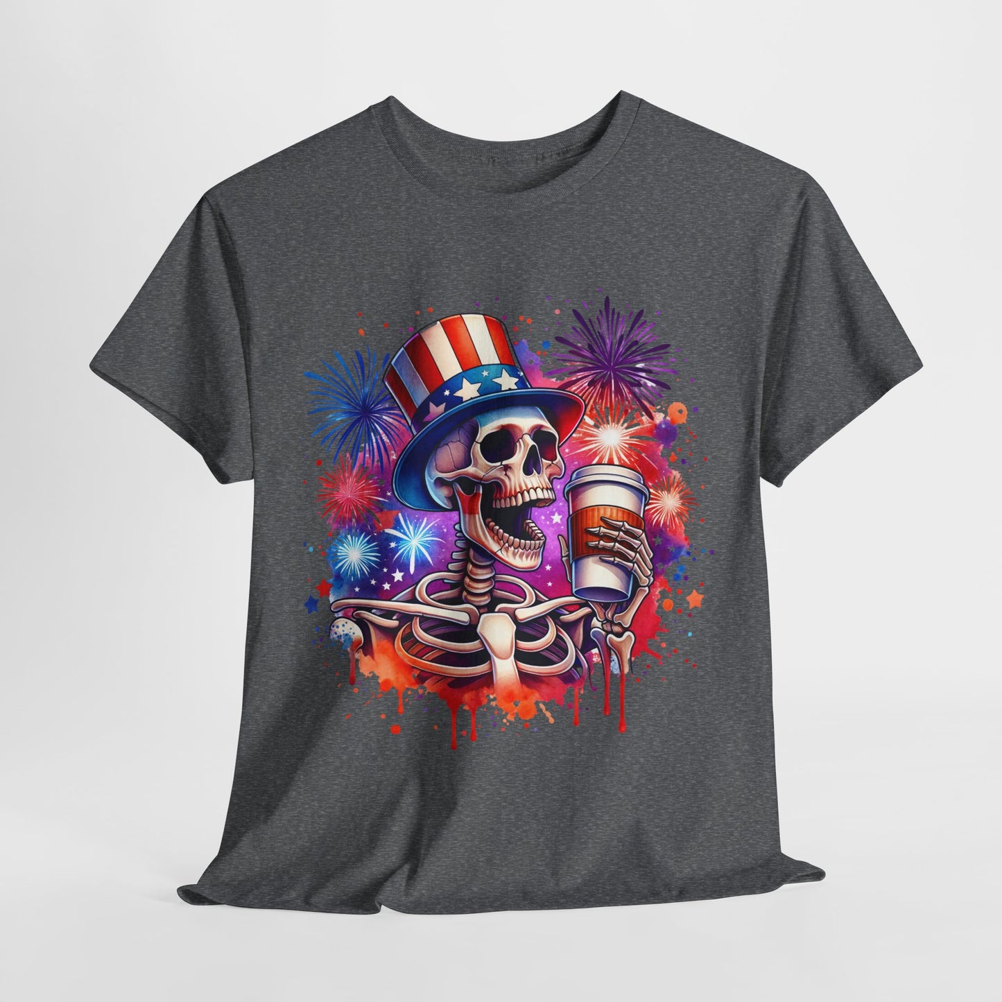 4th of July - Skeleton with Coffee T-Shirt