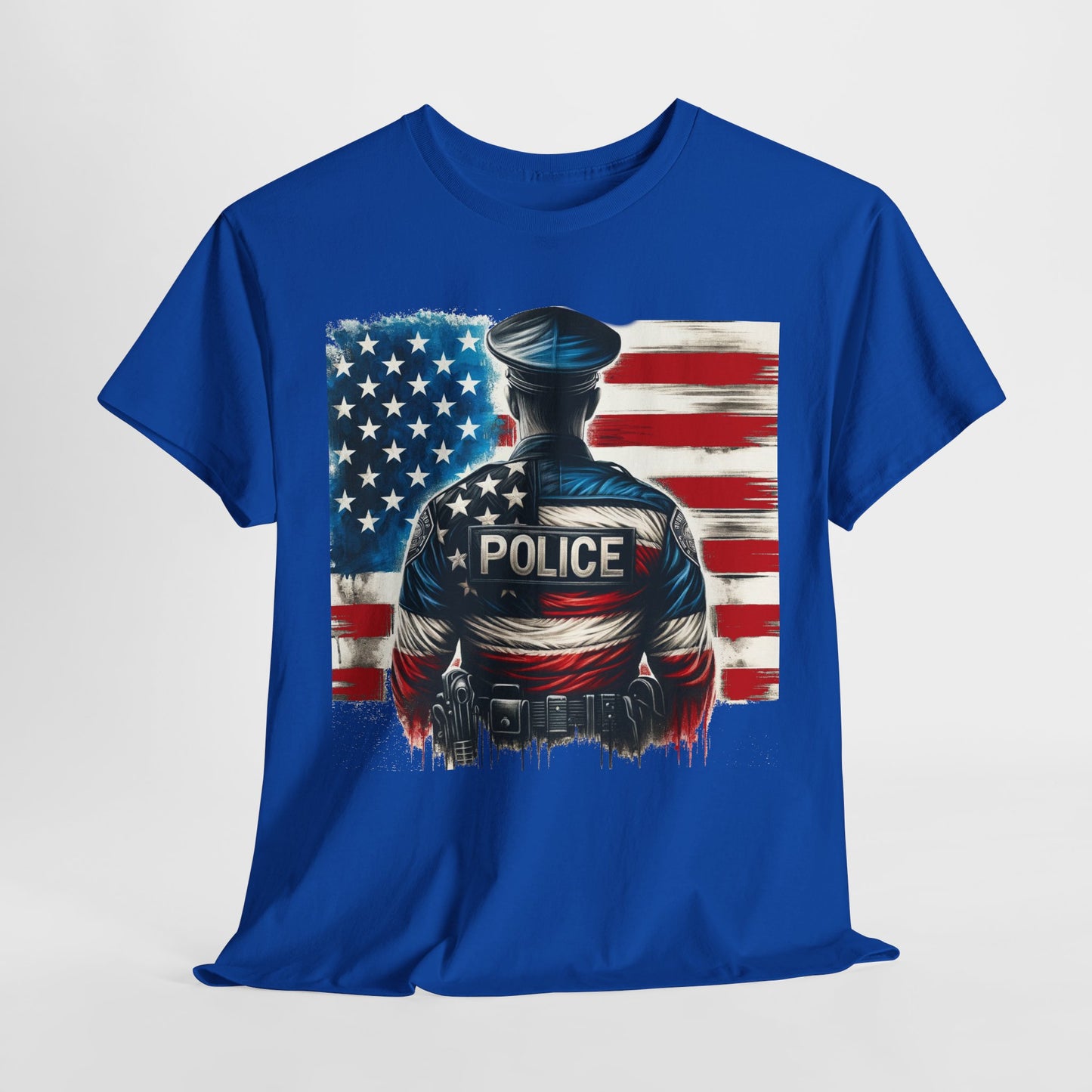 American Hero - Police Officer with Flag - Law Enforcement T-Shirt