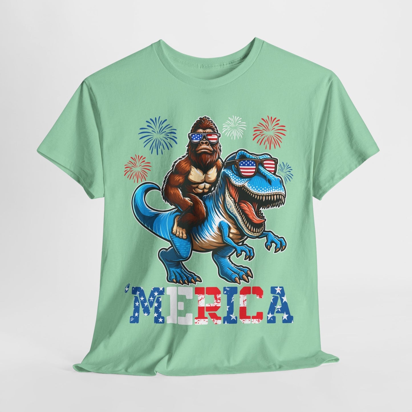 'Merica! Bigfoot on Dinosaur T-Shirt
