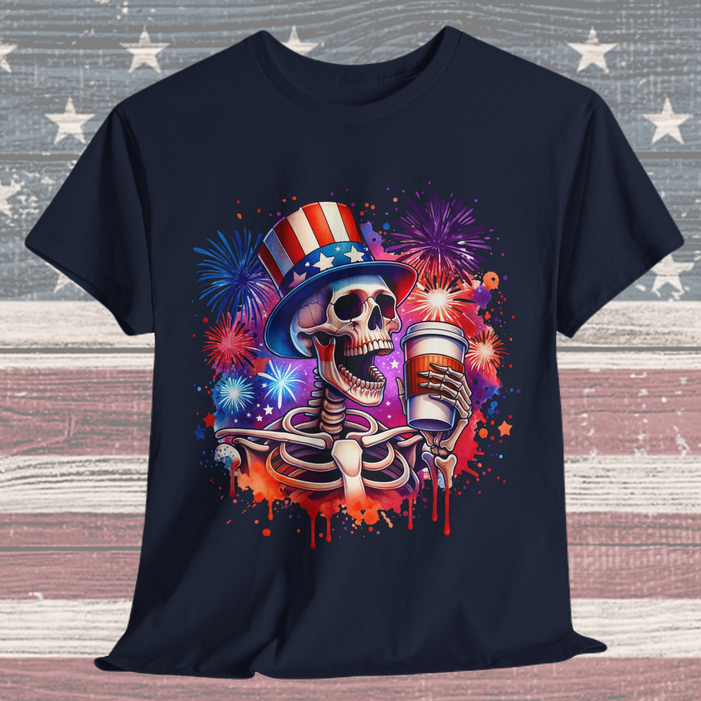 4th of July - Skeleton with Coffee T-Shirt