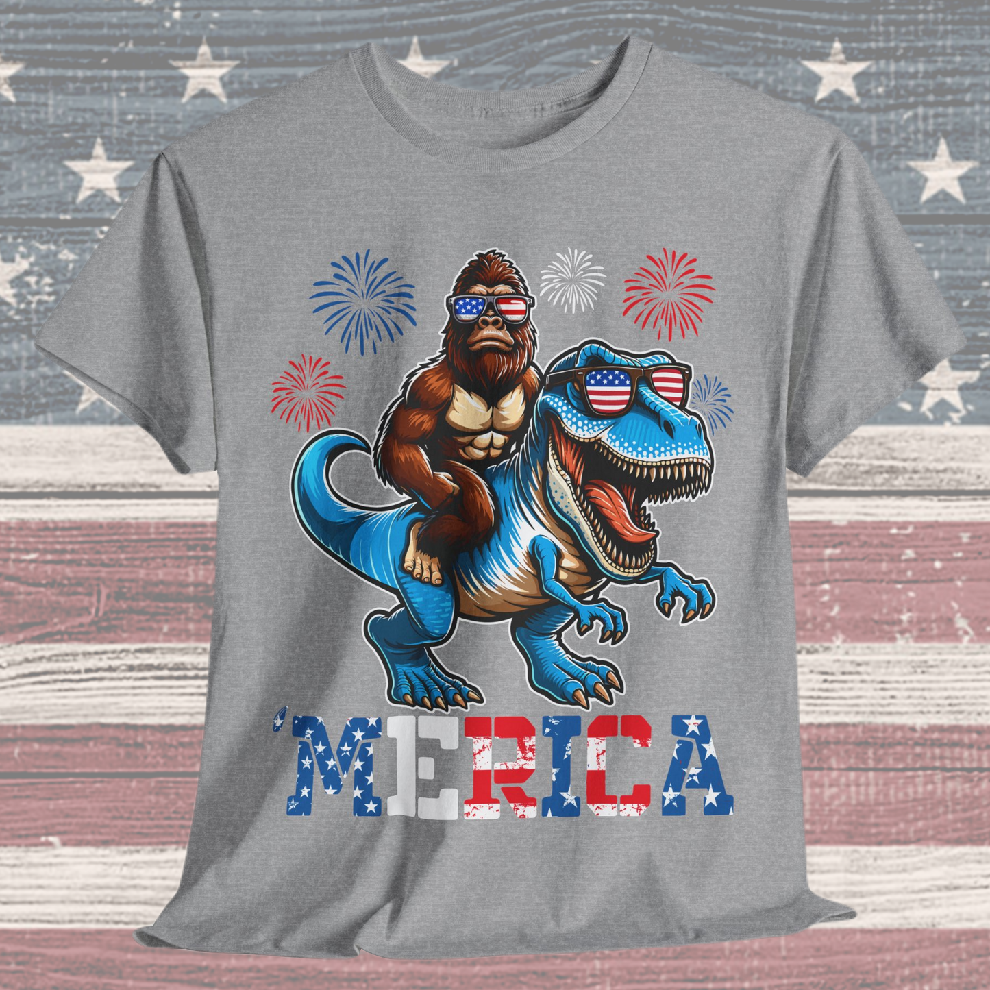 'Merica! Bigfoot on Dinosaur T-Shirt