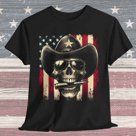 Cowboy Skeleton Biting Bullet T-shirt