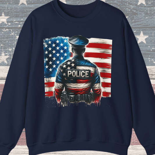 American Hero - Police Officer with Flag - Law Enforcement Sweatshirt
