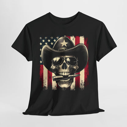 Cowboy Skeleton Biting Bullet T-shirt