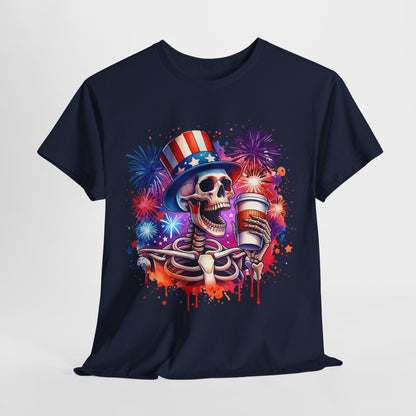 4th of July - Skeleton with Coffee T-Shirt