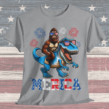 'Merica! Bigfoot on Dinosaur T-Shirt