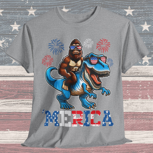 'Merica! Bigfoot on Dinosaur T-Shirt